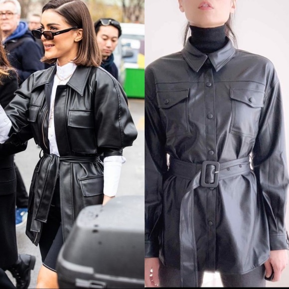 CHICBOMB Jackets & Blazers - FAUX LEATHER BELTED SHACKET - BLACK
